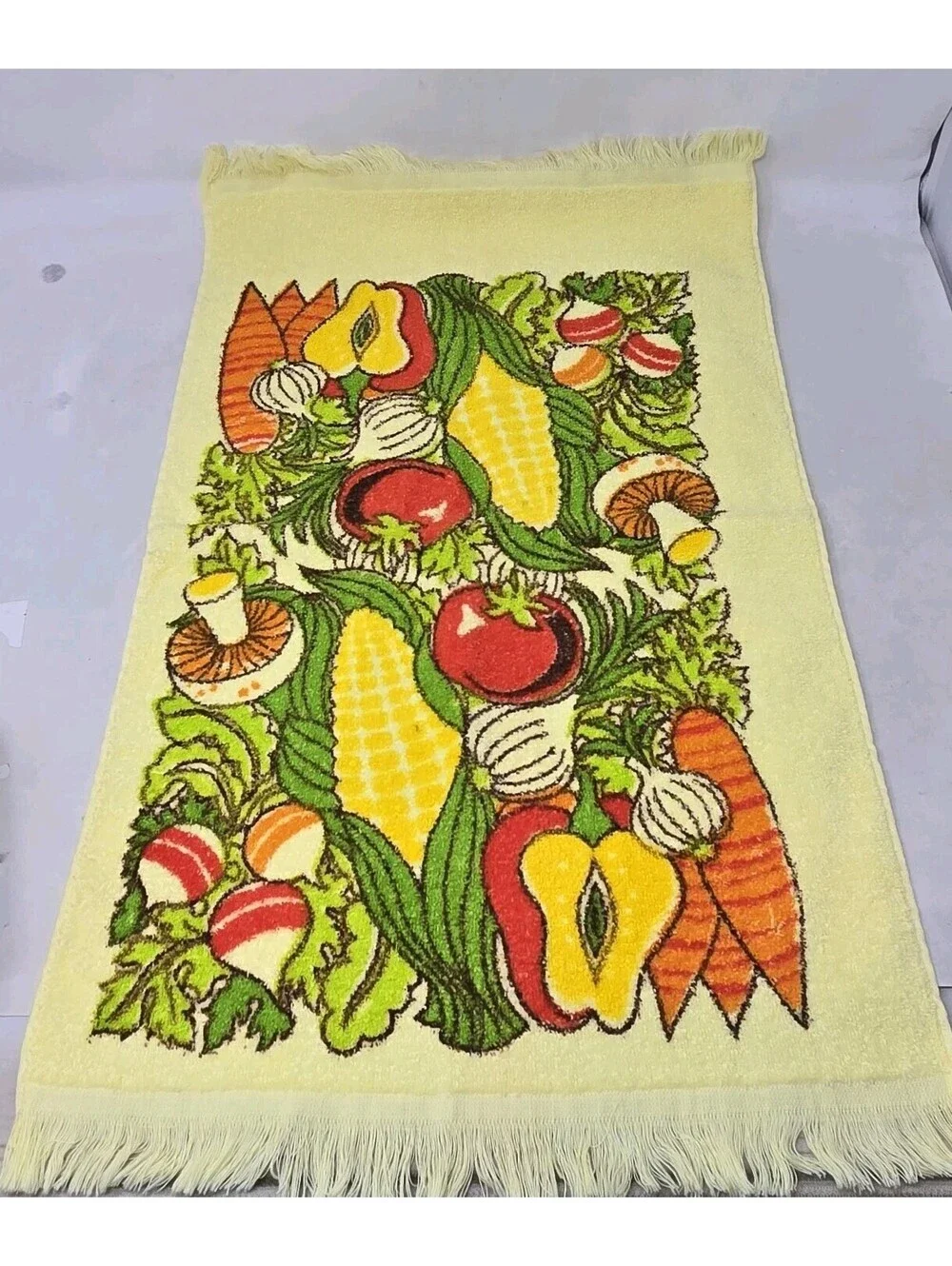 Vtg 70s Cannon Mushroom Toadstool Hand Dish Towel Terry Cloth Kitsch Yellow 25